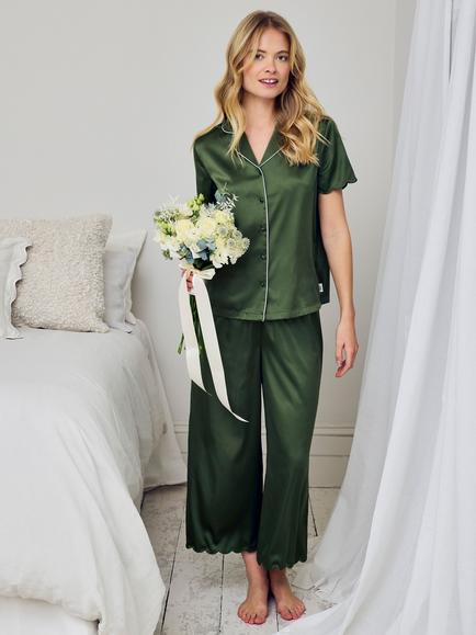Chelsea Peers Scallop Edge Satin Button Down Long Pyjama Set, Khaki