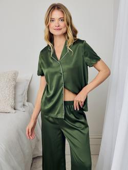 Chelsea Peers Scallop Edge Satin Button Down Long Pyjama Set - view 2, Khaki