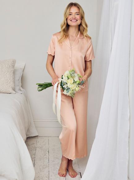 Chelsea Peers Scallop Edge Satin Button Down Long Pyjama Set, Beige