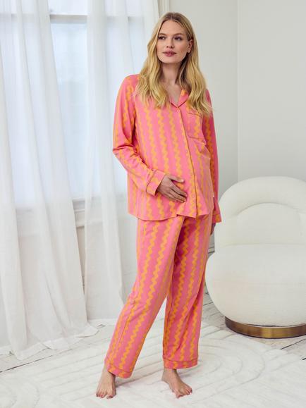 Chelsea Peers Wavy Stripe Popper Long Maternity Pyjama Set, Pink/Orange, Pink/Orange