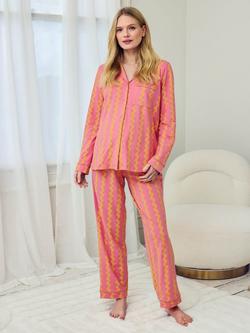 Chelsea Peers Wavy Stripe Popper Long Maternity Pyjama Set, Pink/Orange - view 2, Pink/Orange