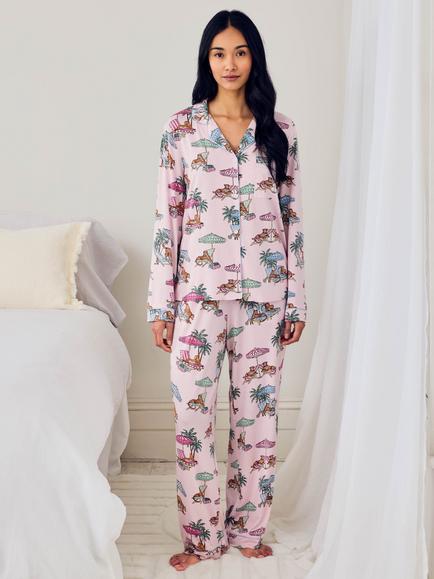 Chelsea Peers Tall Lounging Leopards Button Down Long Pyjama Set, Pink, Pink