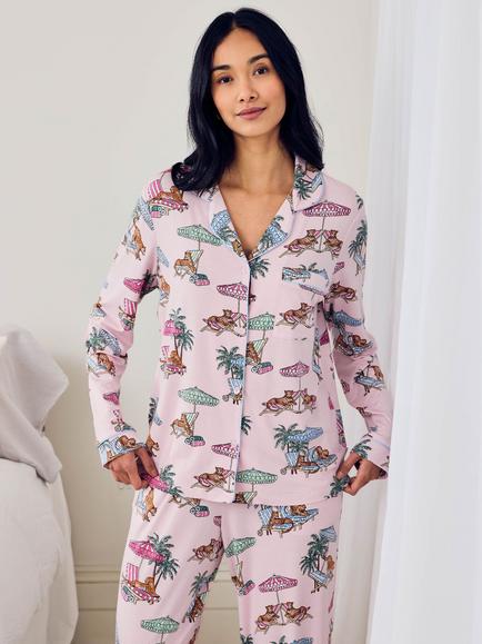Chelsea Peers Tall Lounging Leopards Button Down Long Pyjama Set, Pink - view 2, Pink
