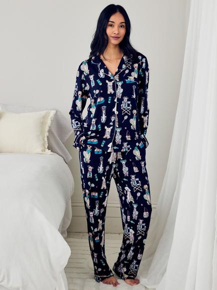 Chelsea Peers Tall Bark Court Button Down Long Pyjama Set containing TENCEL™ Modal, Navy, Navy