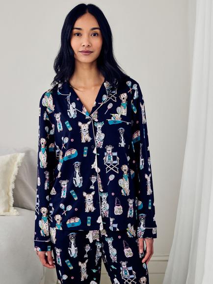 Chelsea Peers Tall Bark Court Button Down Long Pyjama Set containing TENCEL™ Modal, Navy - view 2, Navy
