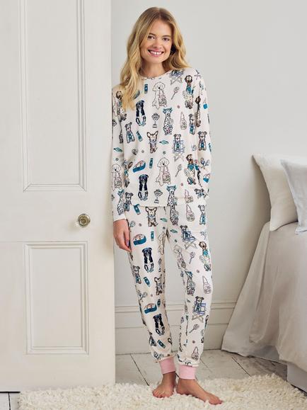 Chelsea Peers Tall Bark Court Jersey Long Pyjama Set, Off White, Off White