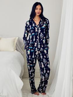 Chelsea Peers Bark Court Button Down Long Pyjama Set, Navy, Navy