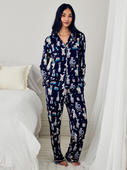 Chelsea Peers Bark Court Button Down Long Pyjama Set, Navy, Navy