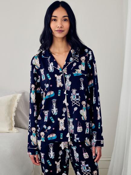 Chelsea Peers Bark Court Button Down Long Pyjama Set, Navy - view 2, Navy