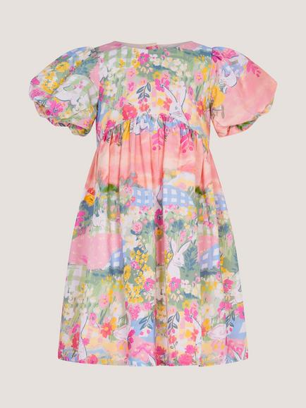 Monsoon Kids' Bunny Scene Puff Sleeve Dress, Multi - view 2, Multi