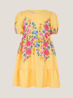 Monsoon Kids' Floral Puff Sleeve Dress, Yellow/Multi, Yellow/Multi