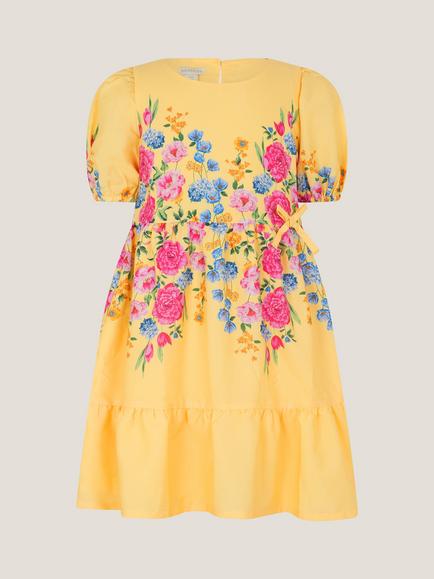 Monsoon Kids' Floral Puff Sleeve Dress, Yellow/Multi, Yellow/Multi