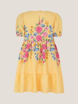 Monsoon Kids' Floral Puff Sleeve Dress, Yellow/Multi - view 2, Yellow/Multi