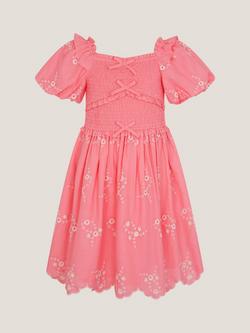 Monsoon Kids' Floral Embroidered Puff Sleeve Dress, Pink