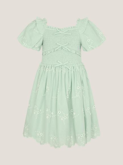 Monsoon Kids' Floral Embroidered Puff Sleeve Dress, Green