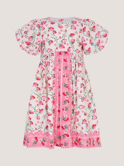 Monsoon Kids' Puff Sleeve Strawberry Print Dress, White/Pink, White/Pink