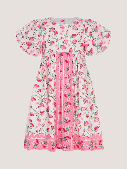 Monsoon Kids' Puff Sleeve Strawberry Print Dress, White/Pink, White/Pink