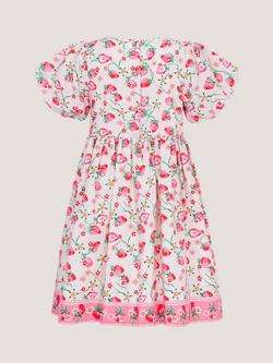 Monsoon Kids' Puff Sleeve Strawberry Print Dress, White/Pink - view 2, White/Pink