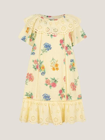 Monsoon Kids' Sasha Broderie Floral Print Dress, Yellow/Multi, Yellow/Multi