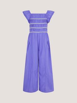 Monsoon Kids' Floral Shirred Wide Leg Jumpsuit, Blue, Blue