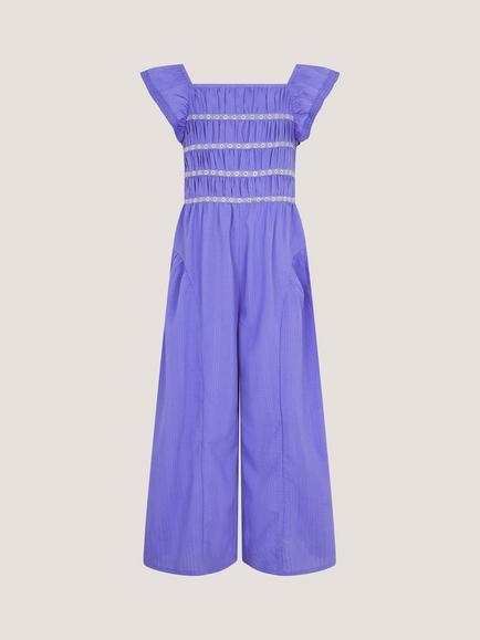 Monsoon Kids' Floral Shirred Wide Leg Jumpsuit, Blue, Blue