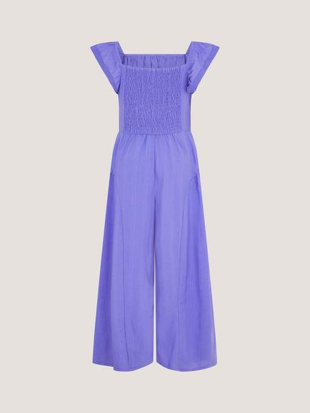 Monsoon Kids' Floral Shirred Wide Leg Jumpsuit, Blue - view 2, Blue