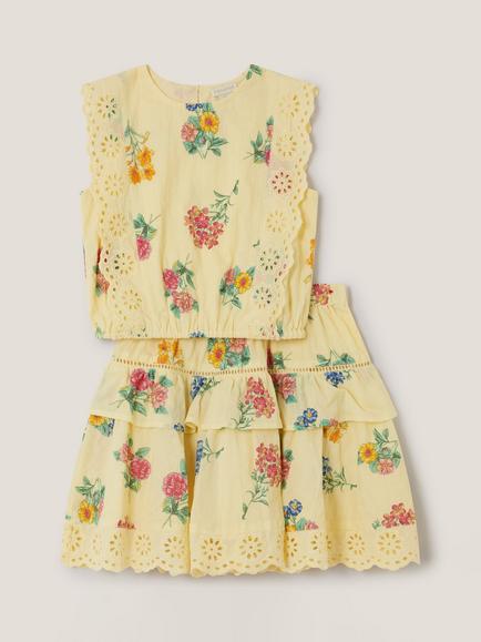 Monsoon Kids' Sasha Broderie Floral Top and Skirt Set, Yellow/Multi, Yellow/Multi