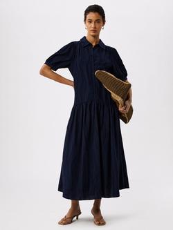 Whistles Textured Drop Waist Midi Shirt Dress containing LENZING™ ECOVERO™ Viscose, Navy