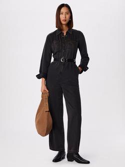 Whistles Straight-Cut Cotton Denim Blend Jumpsuit, Black, Black