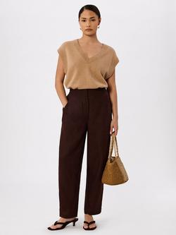 Whistles Petite Barrel Leg Pure Linen Trousers, Brown, Brown
