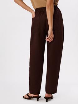 Whistles Petite Barrel Leg Pure Linen Trousers, Brown - view 2, Brown