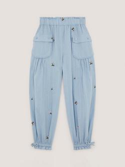 Monsoon Kids' Embroidered Rose Dobby Cuffed Trousers, Blue, Blue