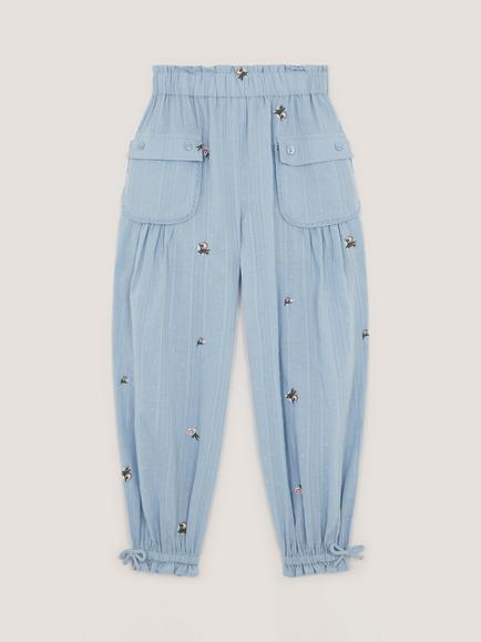 Monsoon Kids' Embroidered Rose Dobby Cuffed Trousers, Blue, Blue