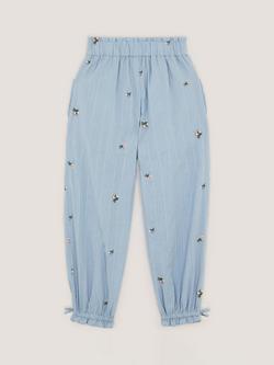 Monsoon Kids' Embroidered Rose Dobby Cuffed Trousers, Blue - view 2, Blue