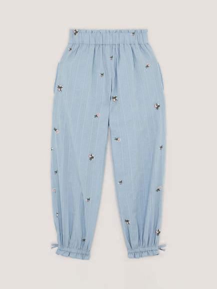 Monsoon Kids' Embroidered Rose Dobby Cuffed Trousers, Blue - view 2, Blue