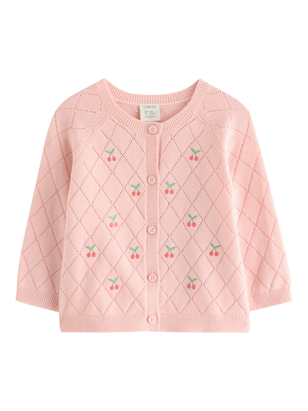 Lindex Baby Knitted Embroidered Cherry Cardigan, Light Dusty Pink, Light Dusty Pink
