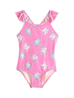 Lindex Kids' Ruffle Shoulder Unicorn Print Swimsuit, Pink, Pink