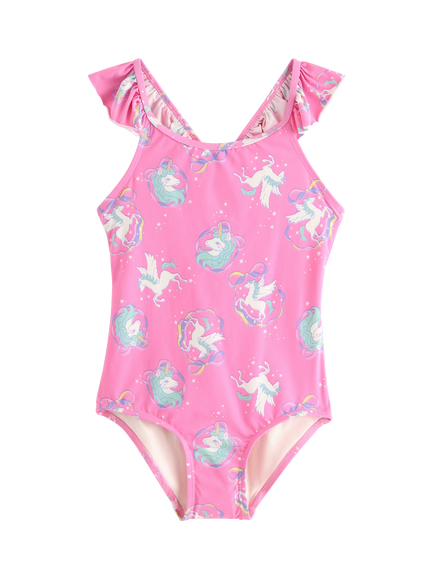 Lindex Kids' Ruffle Shoulder Unicorn Print Swimsuit, Pink, Pink