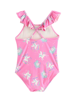 Lindex Kids' Ruffle Shoulder Unicorn Print Swimsuit, Pink - view 2, Pink