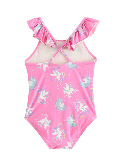 Lindex Kids' Ruffle Shoulder Unicorn Print Swimsuit, Pink - view 2, Pink