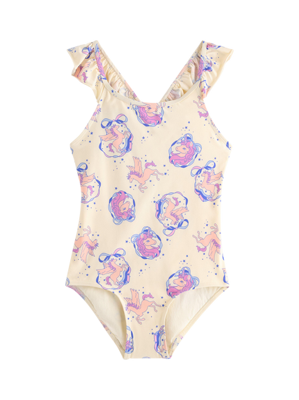 Lindex Kids' Ruffle Shoulder Unicorn Print Swimsuit, White, White