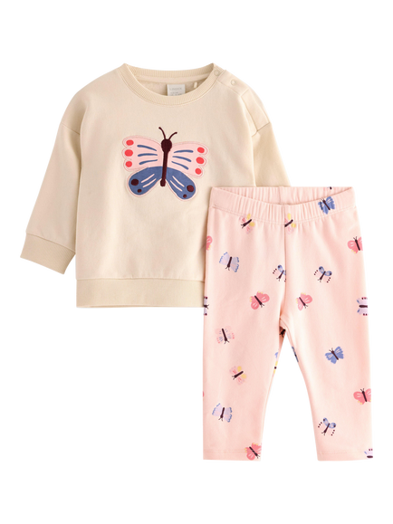 Lindex Baby Indoor Butterfly Print Sweatshirt and Leggings Set, Light Beige, Light Beige