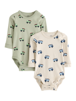 Lindex Baby Long Sleeve Printed Bodysuit, Pack of 2, Green/Beige, Green/Beige