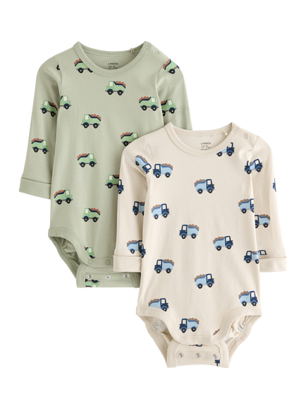 Lindex Baby Long Sleeve Printed Bodysuit, Pack of 2, Green/Beige, Green/Beige