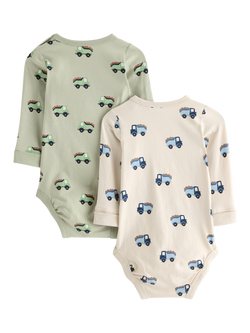 Lindex Baby Long Sleeve Printed Bodysuit, Pack of 2, Green/Beige - view 2, Green/Beige