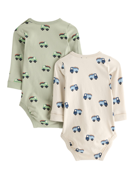 Lindex Baby Long Sleeve Printed Bodysuit, Pack of 2, Green/Beige - view 2, Green/Beige