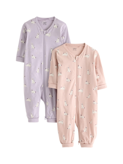 Lindex Baby Zipped Bunny Print Sleepsuit, Pack of 2, Light Dusty Pink, Light Dusty Pink