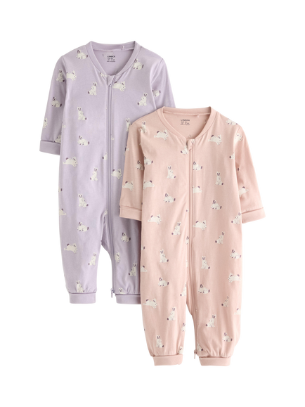 Lindex Baby Zipped Bunny Print Sleepsuit, Pack of 2, Light Dusty Pink, Light Dusty Pink
