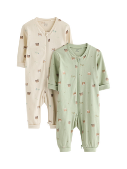 Lindex Baby Zipped Bear Print Sleepsuit, Pack of 2, Dusty Green, Dusty Green