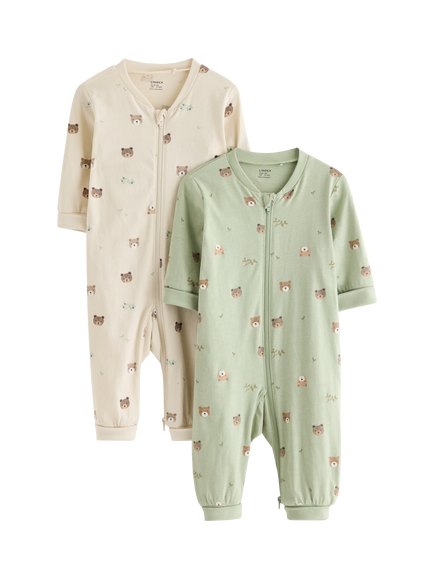 Lindex Baby Zipped Bear Print Sleepsuit, Pack of 2, Dusty Green, Dusty Green